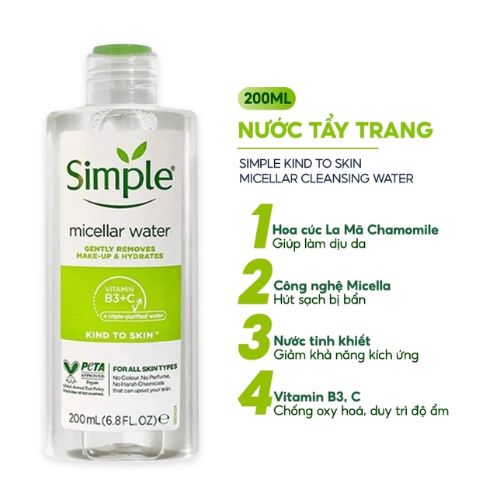 Nước tẩy trang cho da dầu mụn Simple Kind to Skin Micellar Cleansing Water